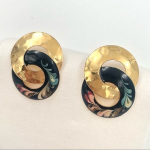 Vintage Gold Tone + Marbled Enamel Earrings